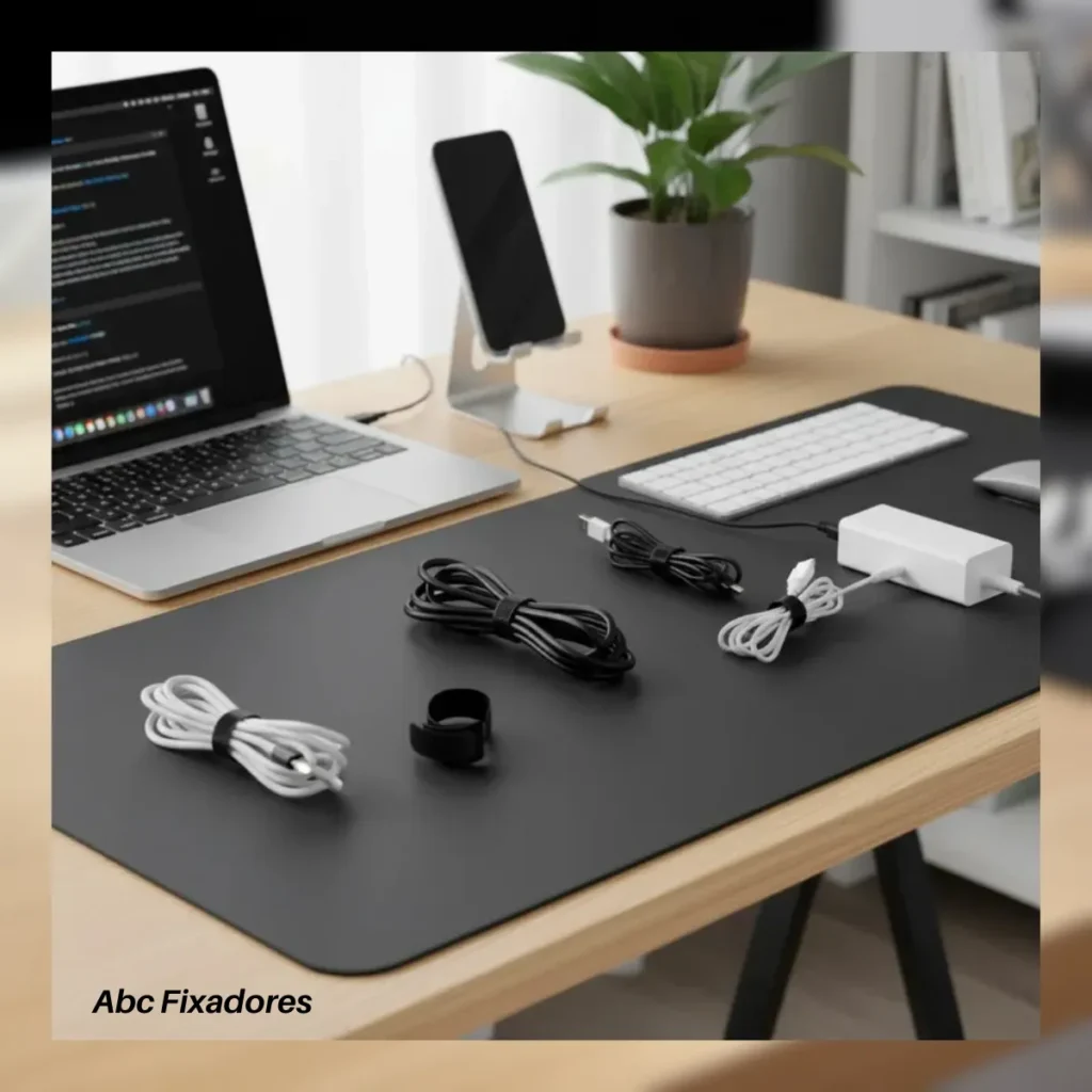 Cabos de carregadores enrolados e presos com presilhas organizadoras de velcro sobre a mesa, demonstrando como agrupar fios de periféricos