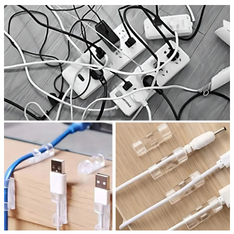 Comparativo mostrando a bagunça de fios emaranhados versus a solução com clips organizadores adesivos transparentes que fixam os cabos na borda da mesa
