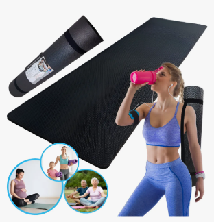 Tapete de yoga preto em EVA com alça de transporte e superfície antiderrapante, ideal para conforto e segurança no treino em casa
