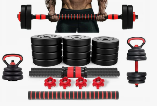 Kit de halteres e anilhas ajustáveis 6 em 1 montado com barra e kettlebell para treino em casa de musculação