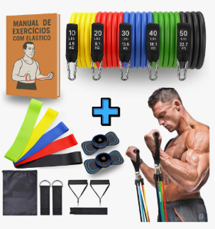 Kit de elásticos extensores coloridos com puxadores e âncora de porta e massageador elétrico sobre o chão