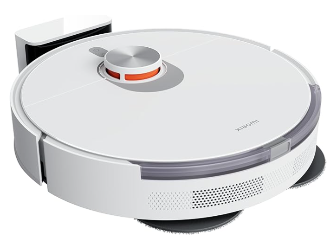 Robô aspirador Xiaomi S20 Plus branco equipado com mops giratórios para passar pano e limpeza pesada em porcelanato.