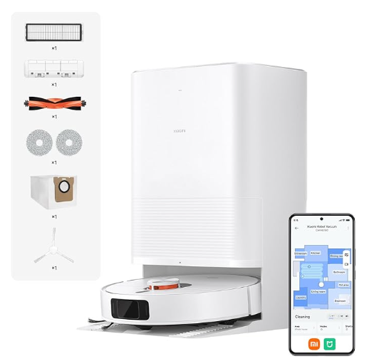 Sistema de robô aspirador Xiaomi X20 Pro branco com sua base autolimpante grande que lava e seca os panos automaticamente.