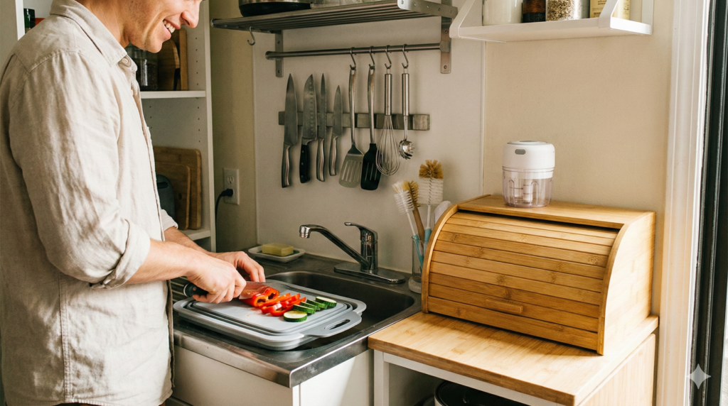 Pessoa cozinhando em um apartamento organizado utilizando utensílios para cozinha pequena inteligentes, como tábua sobre a pia e porta pão de bambu.